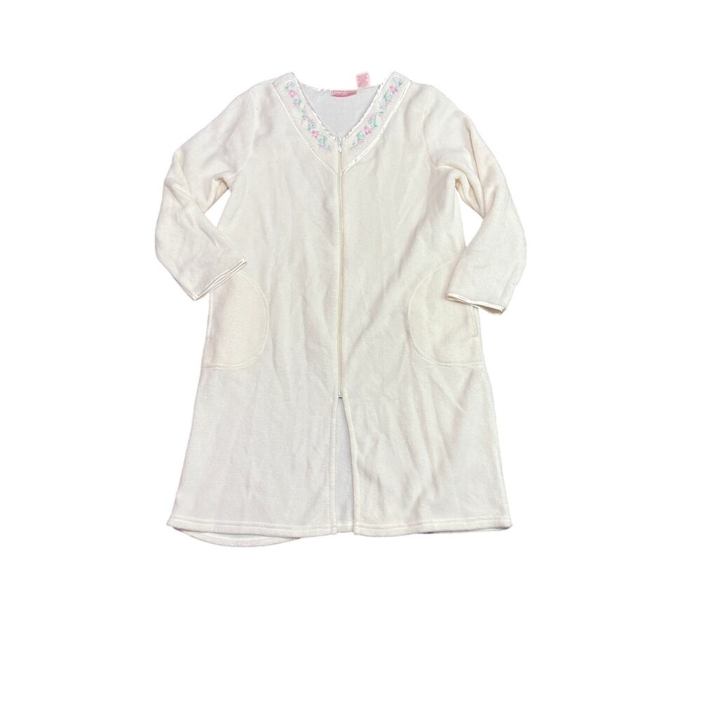 Vintage Smart Time Cream Plush House Coat Robe Full Zip Womens Size Xlarge